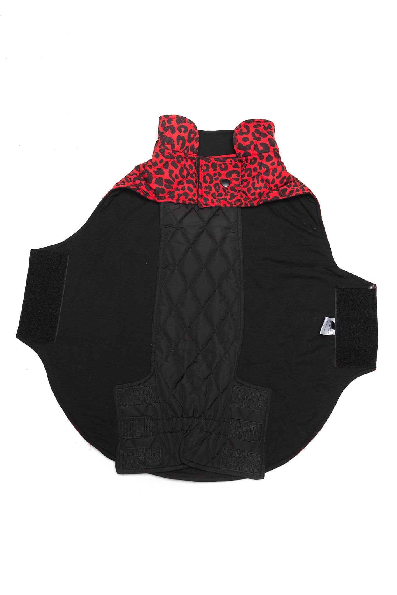 Animal Instinct Dog Jacket in Racy Red laid on floor to show the interior view of the jacket.