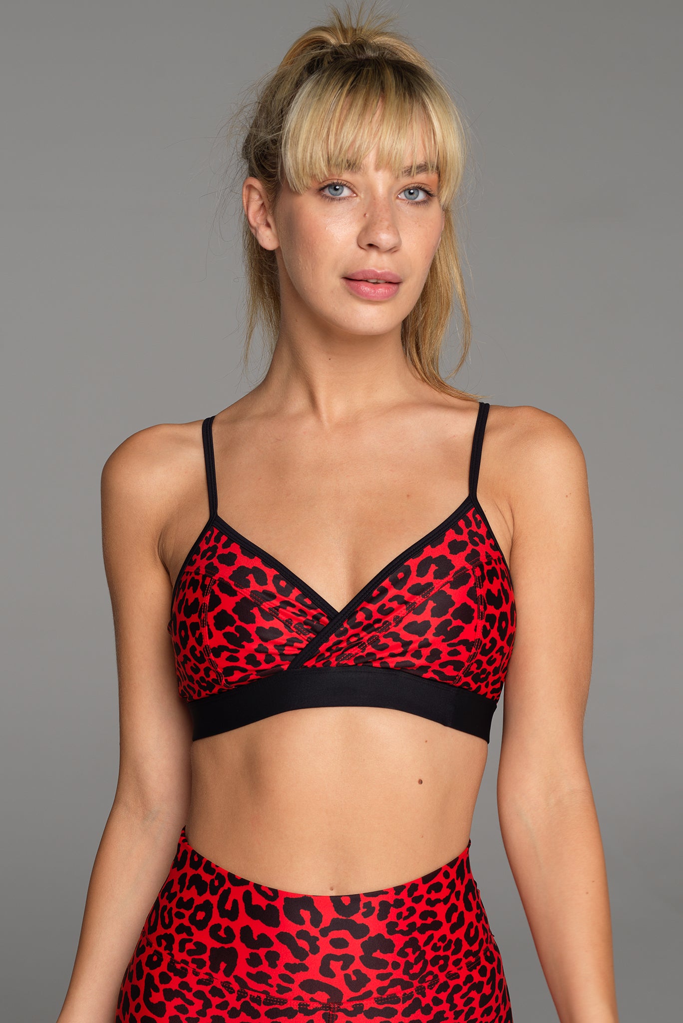 Front view of the Love Fool sports bra in racy red.