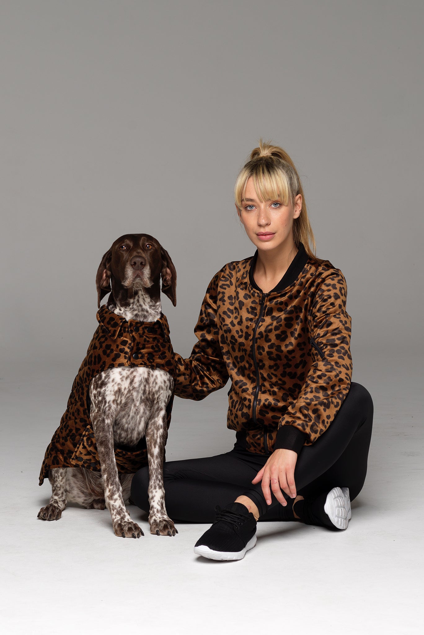 Awww. Matching mum and furbaby. Dog model in Furbaby Dog Coat and Model Mum in matching bomber jacket.